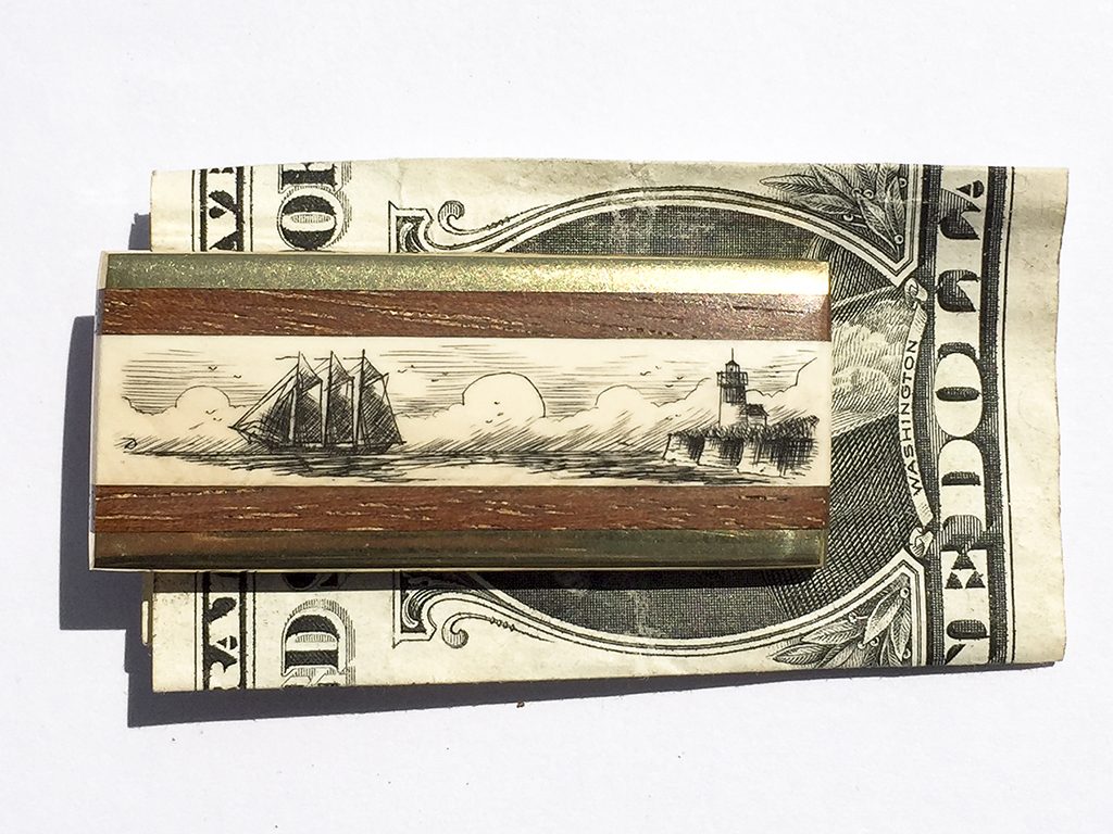 Scrimshaw Money Clip - Lighthouse and Ship