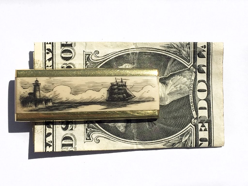 Scrimshaw Money Clip - Lighthouse and Ship