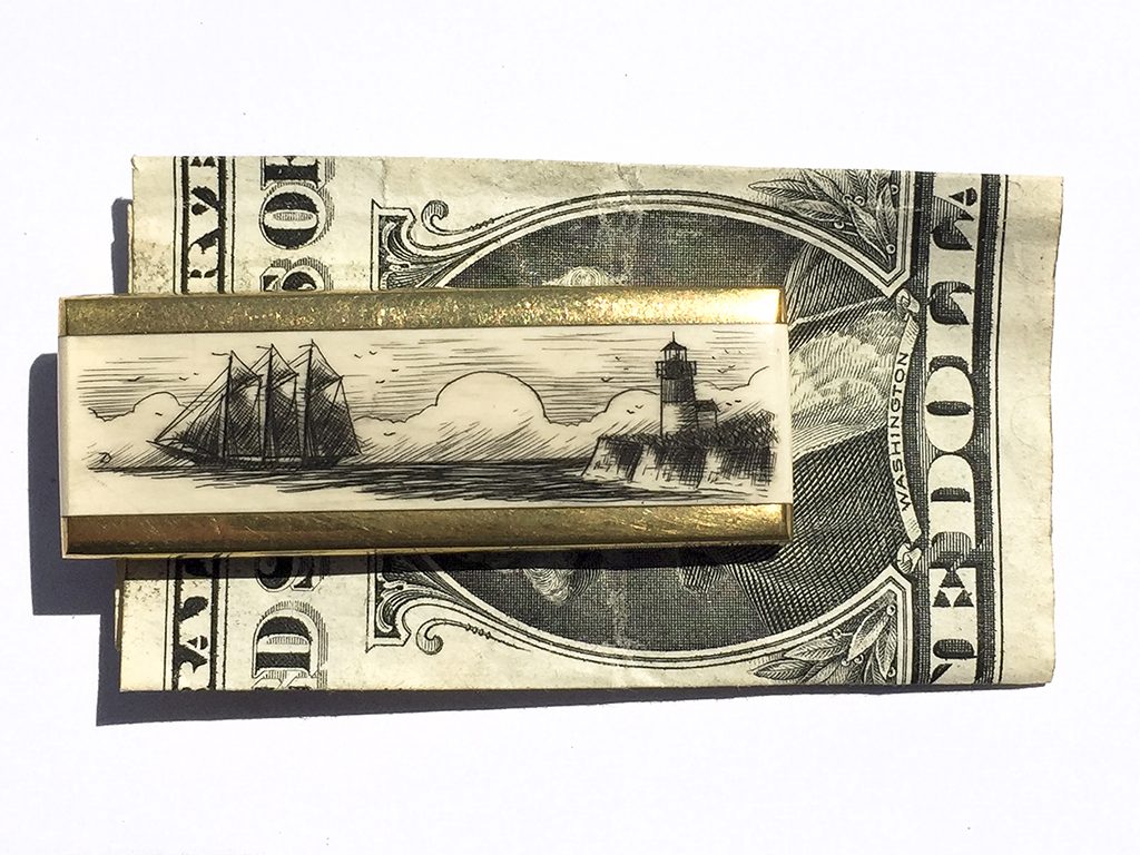 Scrimshaw Money Clip - Lighthouse and Ship